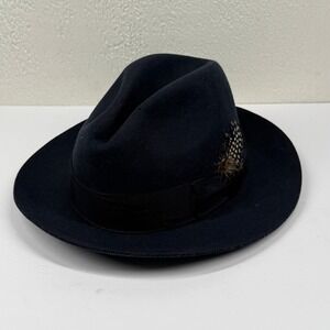 Stacy Adams Fedora Hat Wool Felt Navy Blue Feather Band XL Made in Mexico
